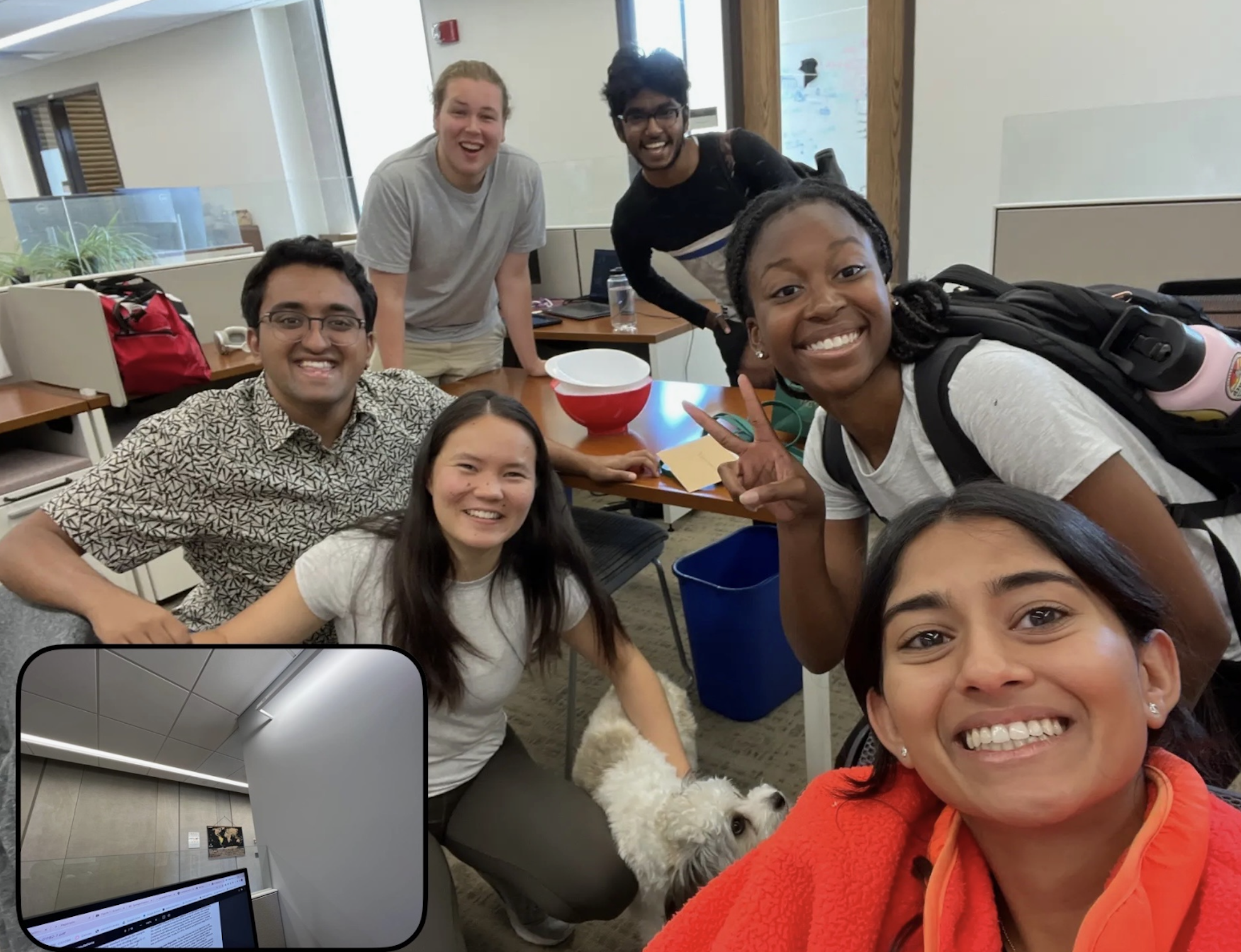 Lab selfie with friends and dog